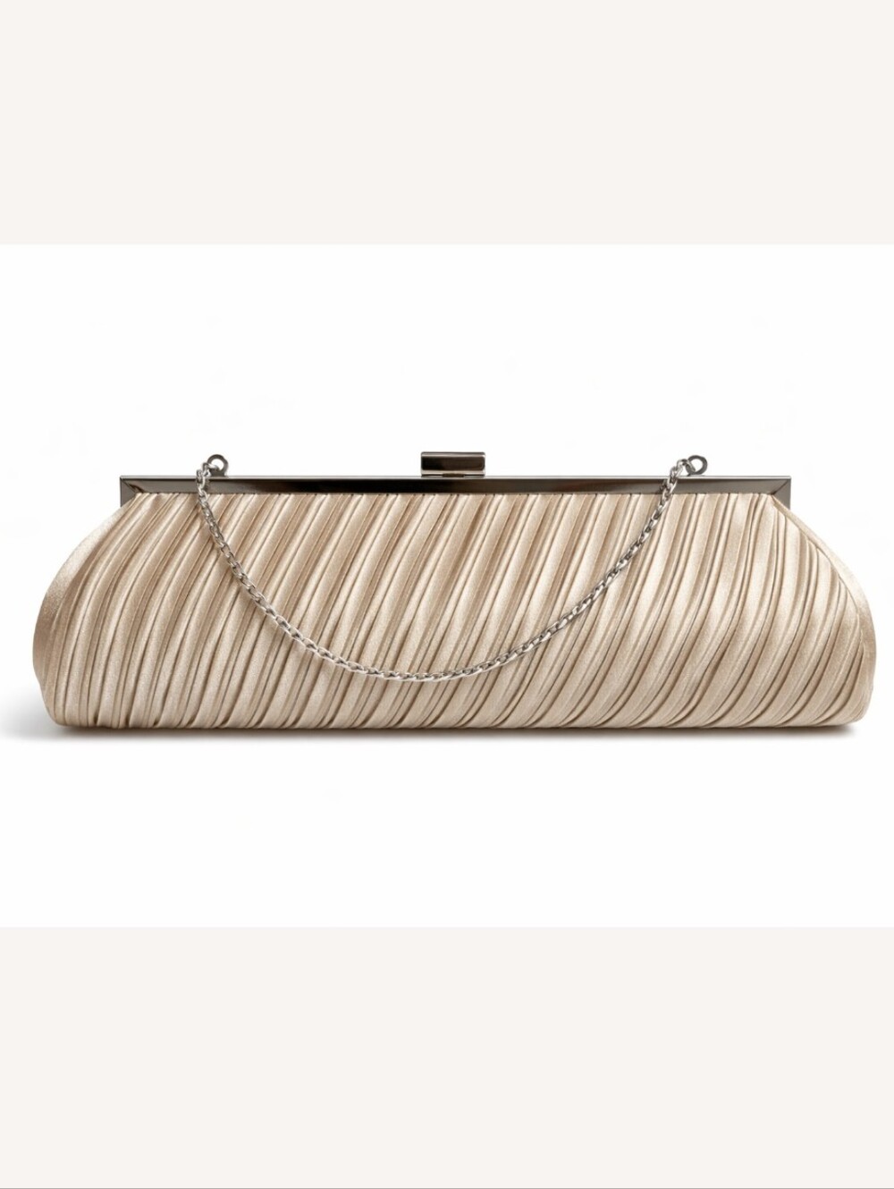 Champagne Pleated Satin Clutch Evening Bag Gold Frame Convertible Chain Strap
